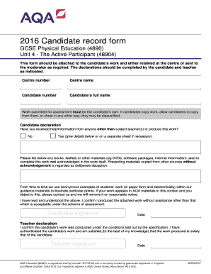GCSE Physical Education Candidate Record Form