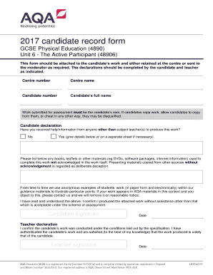 GCSE Physical Education Candidate Record Form