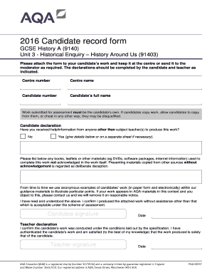 GCSE History A Candidate Record Form