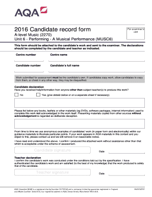 A-Level Music Performance Candidate Record Form