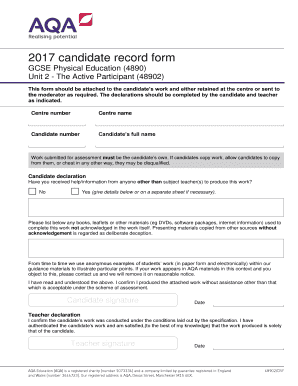 GCSE Physical Education Candidate Record Form