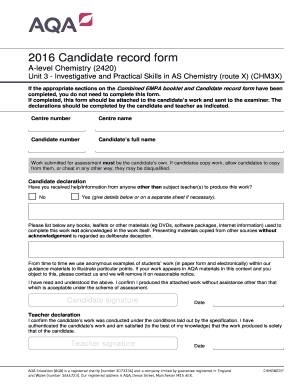A-Level Chemistry Candidate Record Form