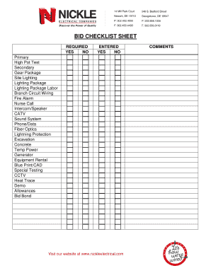 Bid Checklist Sheet