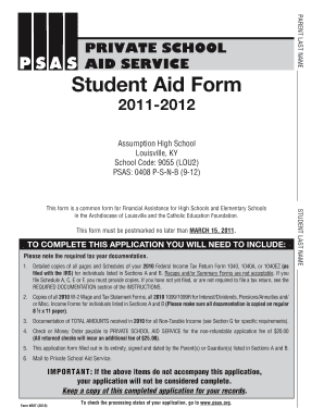 Private School Aid Service Student Aid Form