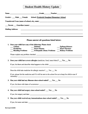 Student Health History Update Form