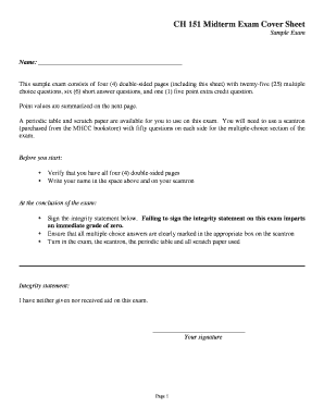 CH 151 Midterm Exam Cover Sheet