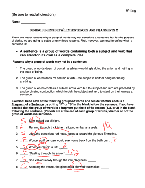Distinguishing Between Sentences and Fragments Worksheet