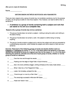 Distinguishing Between Sentences and Fragments Worksheet