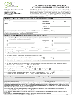 Authorization Form for Prosthetic Appliances and Durable Medical Equipment
