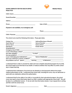 School Medical History Form