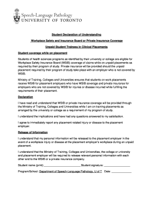 Student Declaration of Understanding for WSIB Coverage