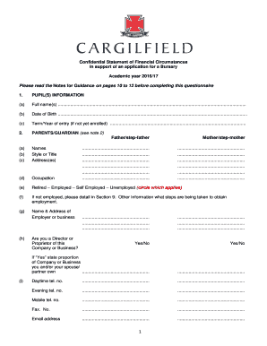 Confidential Statement of Financial Circumstances for Bursary Application