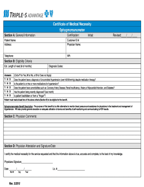 Certificate of Medical Necessity for Sphygmomanometer