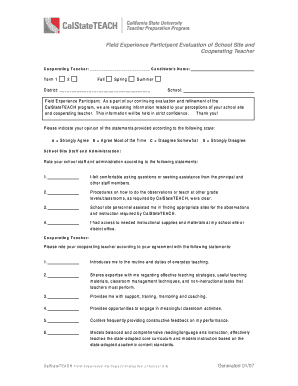 Field Experience Participant Evaluation of School Site and Cooperating Teacher