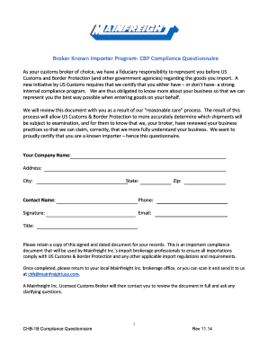 US Customs Broker Known Importer Compliance Questionnaire