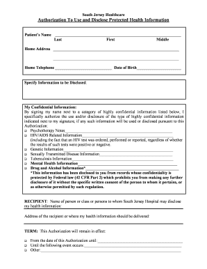 Authorization To Use and Disclose Protected Health Information