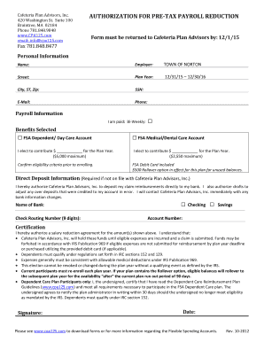 Cafeteria Plan Pre-Tax Payroll Reduction Authorization