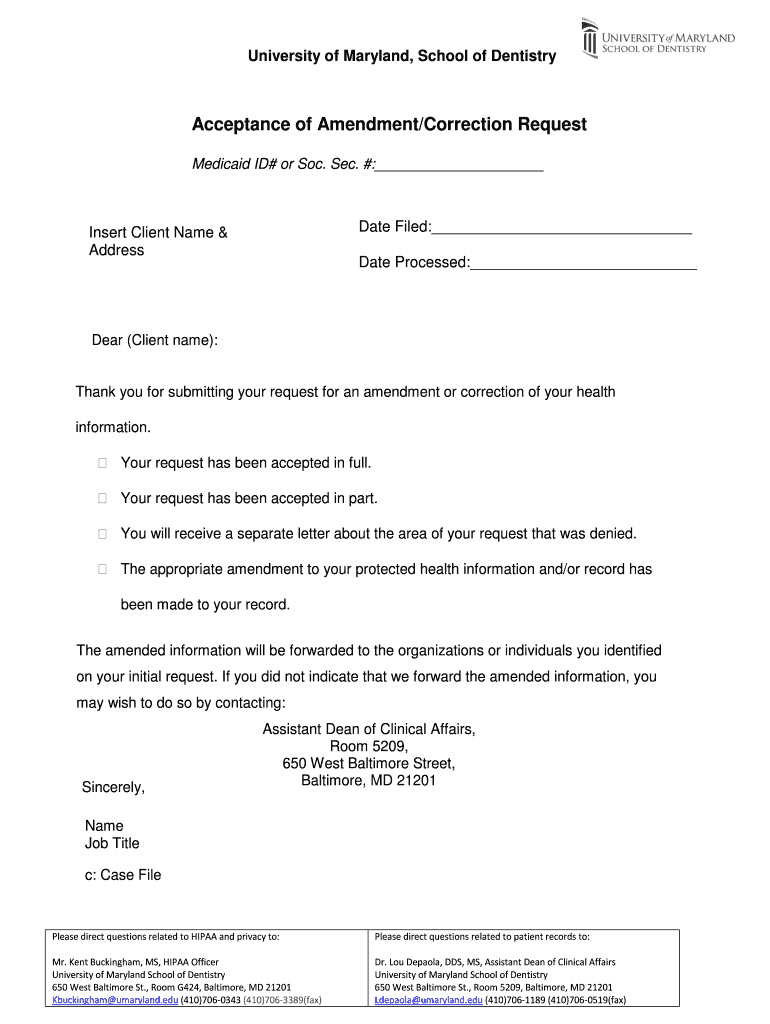 Fillable Online dental umaryland Acceptance of Amendment/Correction