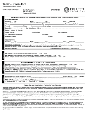 Tropical Costa Rica Tour Reservation Form