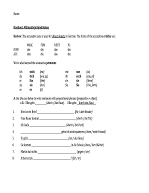 German Accusative Prepositions Worksheet