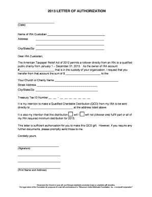 IRA Charitable Rollover Authorization Letter