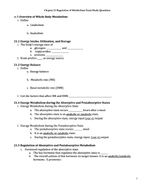 Metabolism Exam Study Questions