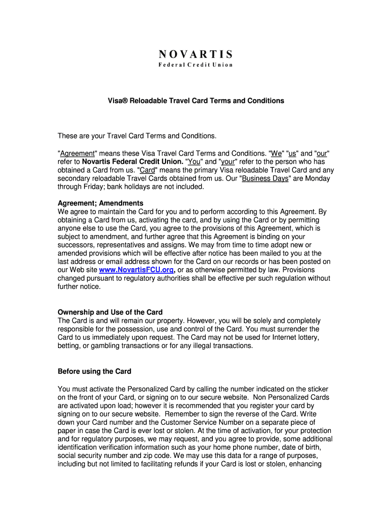 Fillable Online novartisfcu Visa Reloadable Travel Card Terms and Conditions Novartis ...