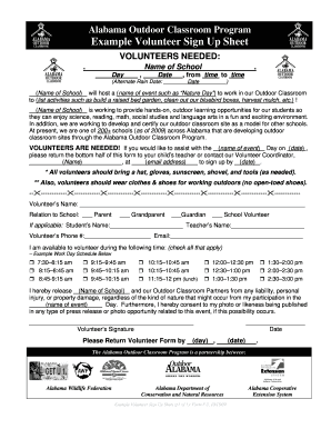 Alabama Outdoor Classroom Volunteer Sign Up Sheet