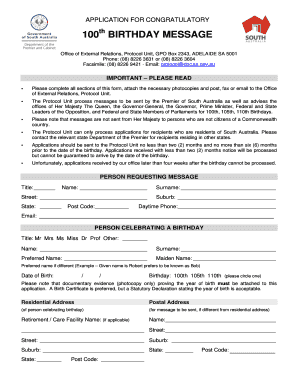 100th Birthday Congratulatory Message Application