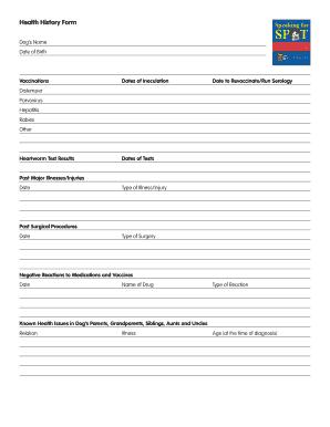 Health History Form for Dogs