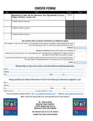 Order Form for Speaking for Spot Book