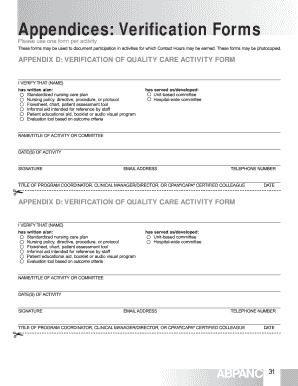 Verification of Quality Care Activity Form