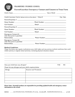 Parent Emergency Contact and Consent to Treat Form