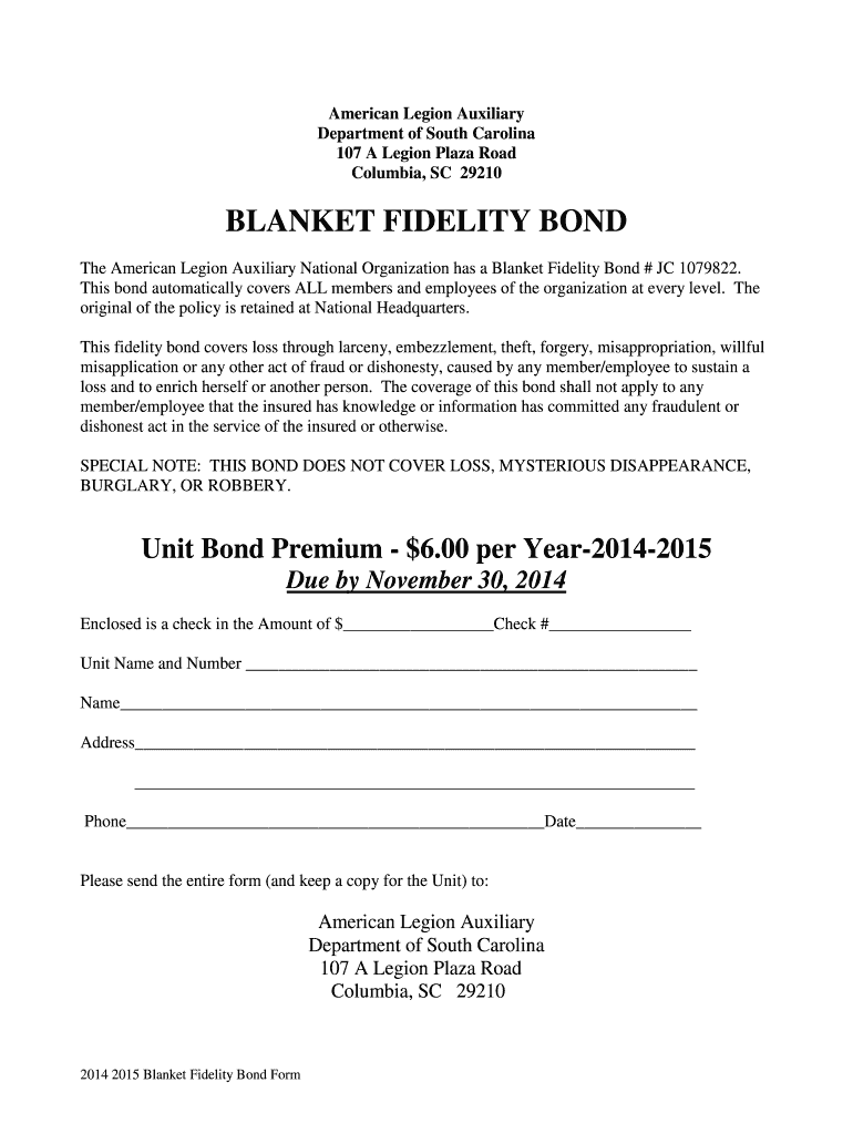 Fillable Online aladsc Blanket fidelity bond American Legion