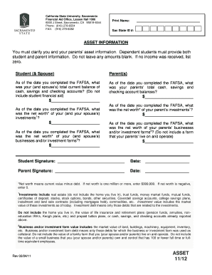 California State University Financial Aid Asset Information Form
