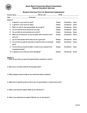Student Interview Form for Behavioral Assessment
