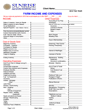 2012 Farm Income and Expenses Tax Form