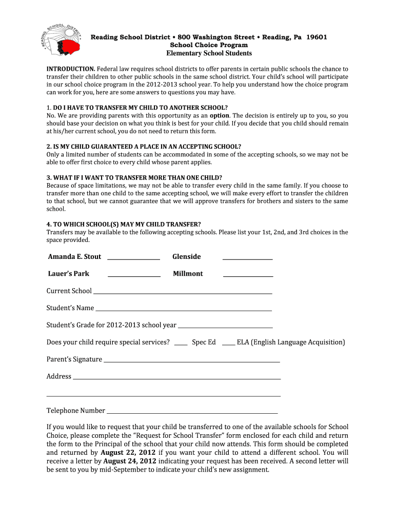 Fillable Online Reading School District 800 Washington Street Reading