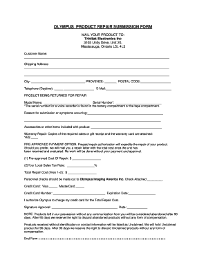 Olympus Product Repair Submission Form