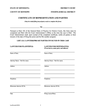 Minnesota Certificate of Representation and Parties