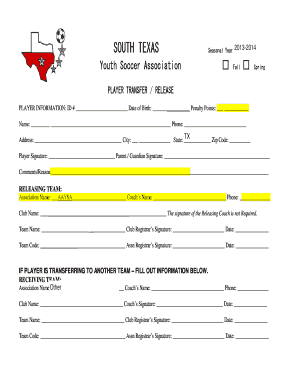South Texas Youth Soccer Player Transfer Form