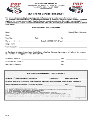 Pop Warner 2014 Home School Form