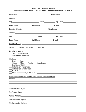 Christian Resurrection or Memorial Service Planning Form
