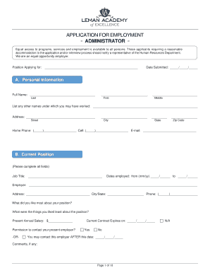 Application for Employment Administrator