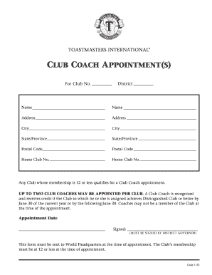 Toastmasters Club Coach Appointment Form