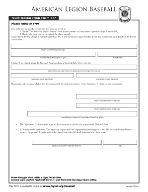 American Legion Baseball Team Declaration Form