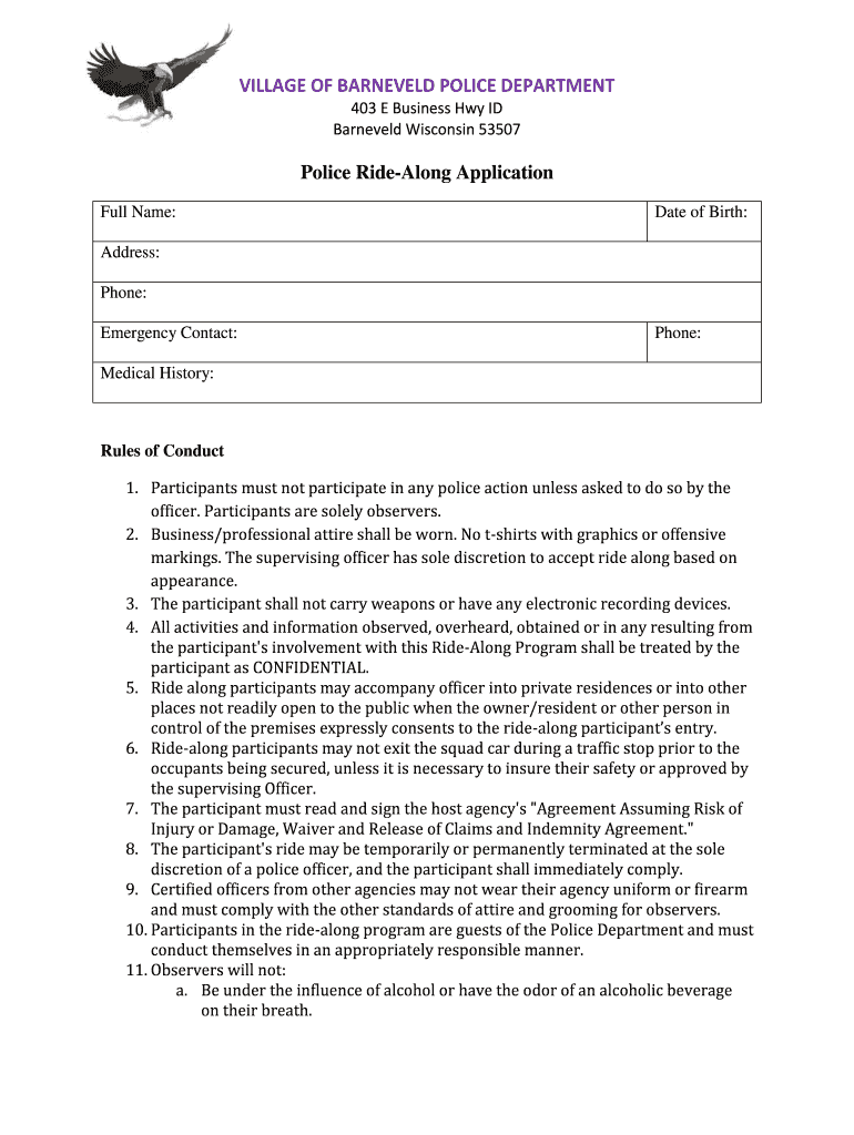 Fillable Online VILLAGE OF BARNEVELD POLICE DEPARTMENT Police Ride bb