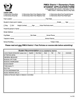 PMEA District 1 Elementary Fest Student Application Form