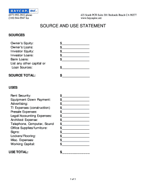 Business Capital Sources and Uses Statement