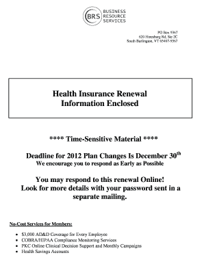 Blue Cross and Blue Shield of Vermont Health Insurance Renewal Form